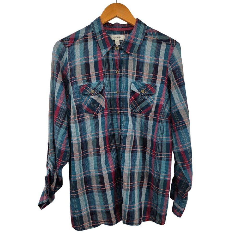 Dressbarn Womens Plaid Button-Up Shirt 1X‎ Long Sleeve
